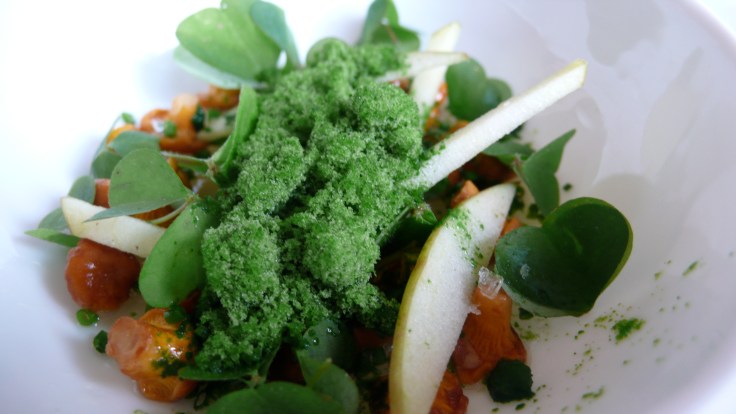 Les champignons de saison : Pieds et têtes sous 2 mm de polenta, poussières de truffe blanche  